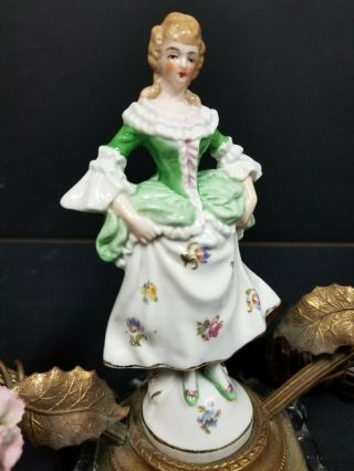 Pair Antique Gilt French Boudoir Lamps Porcelain Lady Gent Flowers Green Pink NR 2