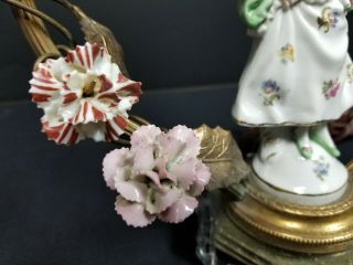 Pair Antique Gilt French Boudoir Lamps Porcelain Lady Gent Flowers Green Pink NR 3