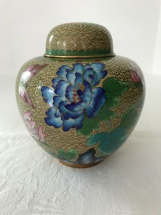Vintage Chinese Export Cloisonne Enamel Gold Cloud Sky Floral Ginger Jar Urn