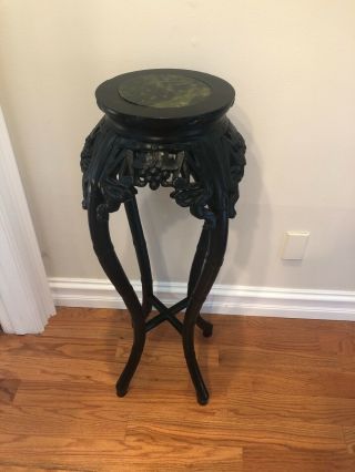 Chinese Carved Wood Stand With Marble Top