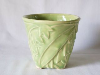 Vintage Mccoy Pottery 3 1/4 " Green Flower Pot Planter Leaves Lily Type Flowers