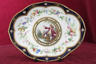 Antique Sevres Type Jewelled Porcelain Dish Hand - Painted Boy Fishing 18th/19th C