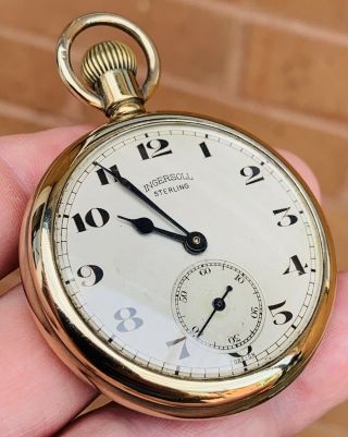 A Gents Unusual Antique Gold Gilded Solid Silver Ingersoll Pocket Watch,  1930.