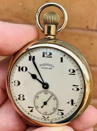 A GENTS UNUSUAL ANTIQUE GOLD GILDED SOLID SILVER INGERSOLL POCKET WATCH,  1930. 3