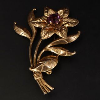 Vtg Sterling Silver - Pink Rhinestone Flower Floral Gold Brooch Pin - 20.  5g