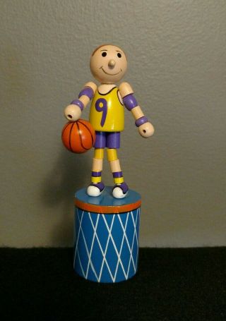 Vintage Wooden Basketball Player Push Button Collapsible Thumb Puppet Toy 5.  5 "