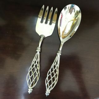 Vintage Godinger Silver - Plate Serving Fork & Spoon Large Open - Swirl Twist Handle