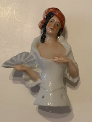 Vintage Woman With Fan Porcelain Half Doll Pin Cushion Made In Germany 8031