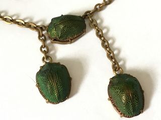 Antique Egyptian Revival Real Scarab Beetle Metal Necklace.