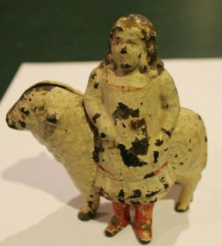 Early 20thc Antique Painted Cast Iron Mary Little Lamb Still Bank -