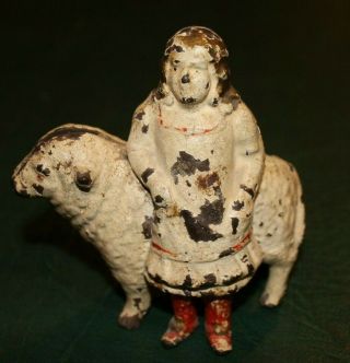 Early 20thC Antique Painted Cast Iron Mary Little Lamb Still Bank - 2