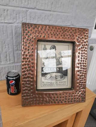 Large Hammered Copper Arts And Crafts Picure Frame.  Easel Wooden Back With Chain