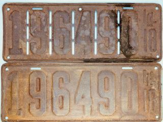 Illinois 1918 Pair Old License Plate Garage Car Tag Man Cave Vtg Slotted Long