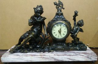 Antique Figural Mantle Clock Base With Woman And Winged Cherub With Torch