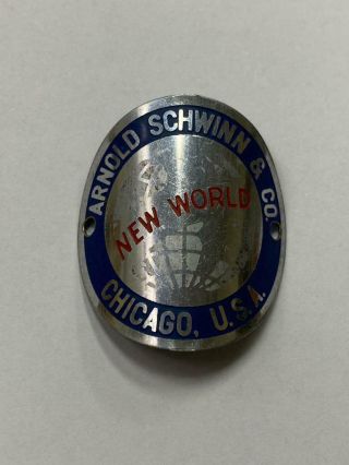 Nos Vintage Prewar Schwinn World Racing Bicycle Head Badge Tag Emblem