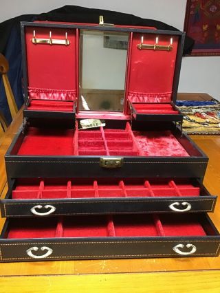 Vintage Jewelry Box 3 Tier Black And Red Velvet Gold Mid Century Mele