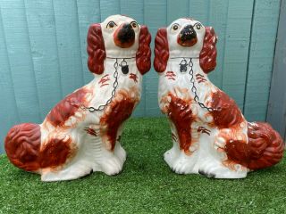 Pair V.  Large 19thc Staffordshire Russet Red & White Spaniel Dogs C1880s