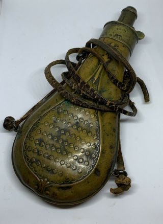 Antique Civil War 1800’s Copper & Brass Powder Flask Details W/ Leather Strap