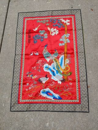 Vintage Chinese Red Silk Large Embroidered Panel,  W Birds Flowers & Tree