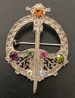 Vintage Scottish Celtic Tara Brooch Pin With Pastel Rhinestones
