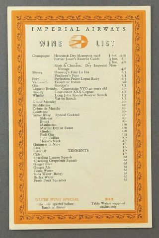 Imperial Airways Vintage Airline Wine List Menu Silver Wing Special