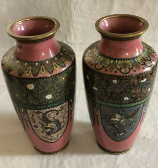 Fine Old Pair Chinese Cloisonne Enamel Pink Details Dragons Vase