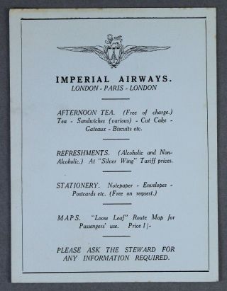 Imperial Airways London - Paris - London Afternoon Tea Vintage Airline Menu