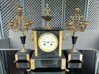 Antique Black Slate & Marble French Mantle Clock Garniture Set Circa 1900