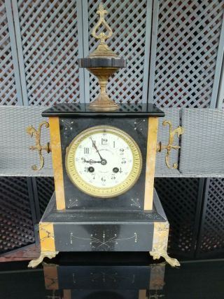 Antique Black Slate & Marble French Mantle Clock Garniture Set Circa 1900 2