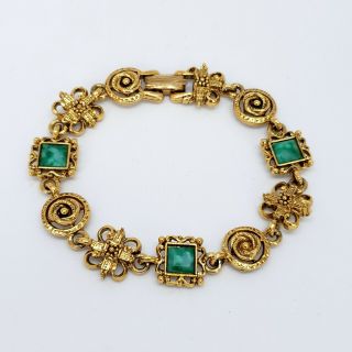 Vintage Signed Art Arthur Pepper Gold Tone & Green Statement Bracelet Elegant