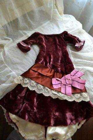 Gorgeous Antique Fitted Silk Velvet Dress For 18 - 20 " French Fashion Doll Lined