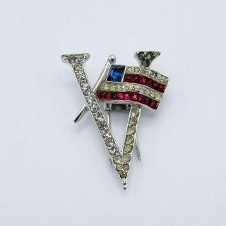 Vintage " V " For Victory With Amercian Flag Pin,  Rhinestones,  Clip