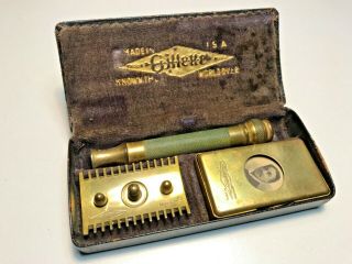 Vintage Gillette Gold Razor Set In Case W/blades,  &