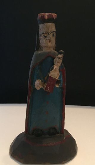 Antique Carved Wood Santo Virgin Mary & Jesus Hand Painted All Complete