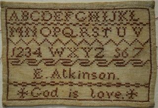 Very Small Late 19th Century Red Stitch Work Sampler By E.  Atkinson - C.  1875