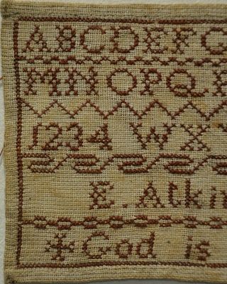 VERY SMALL LATE 19TH CENTURY RED STITCH WORK SAMPLER BY E.  ATKINSON - c.  1875 2