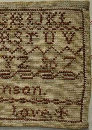 VERY SMALL LATE 19TH CENTURY RED STITCH WORK SAMPLER BY E.  ATKINSON - c.  1875 3