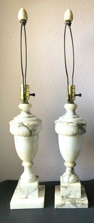 Vtg Pair Italian Alabaster Marble Hand Carved Neoclassical Urn Lamps & Finials