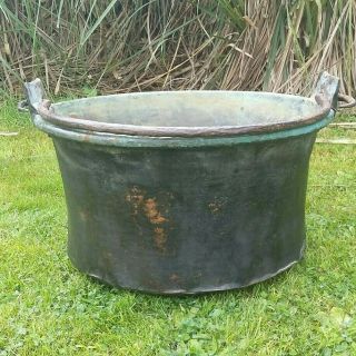 Large French Antique Copper Pot With Handle Logs / Planter