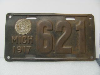 Vintage 1917 Michigan Metal License Plate With Seal 3 - Digit