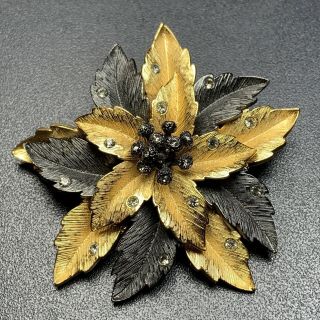 Joan Rivers Vintage Brooch Pin 2.  5” Black & Gold Enameled Flower Rhinestone Lot1