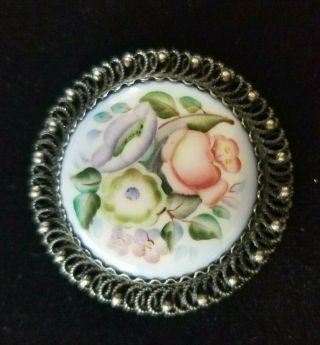 Antique Victorian Hand Painted Floral Enamel Filigree Round Brooch C Clasp Pin