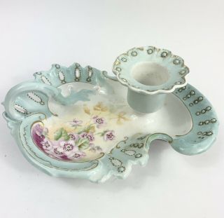 Vintage Victorian Porcelain Candlestick Hand Painted Flowers Loop Handle Signed