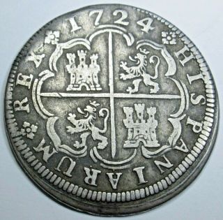1724 Spanish Silver 2 Reales Antique 1700s Colonial Two Bit Pirate Treasure Coin
