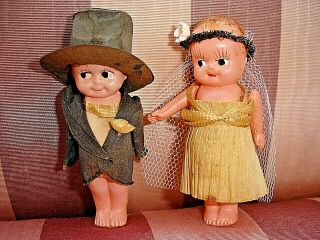 Antique Vintage Celluloid Frozen Leg Wedding Bride & Groom Dolls Cake Topper
