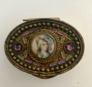Antique French Ormolu Pill/trinket Miniature Box Portrait Enamel & Jewelled Lid