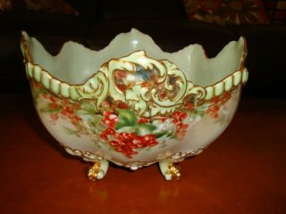 Antique Limoges T&v Hand Painted Footed Bowl,  Center Piece,  Red Currants,  10 "