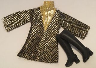 Vintage Barbie Clone Maddie Mod Shillman Yellow Silver Black Sparkle Midi Dress