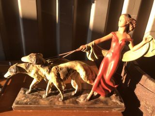 Art Deco French Lady With Hounds Sculpture Statue Made From Plaster