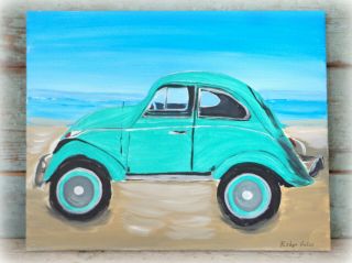 Vw Bug Folk Art Painting Vintage Volkswagen Bug Signed Unframed Canvas